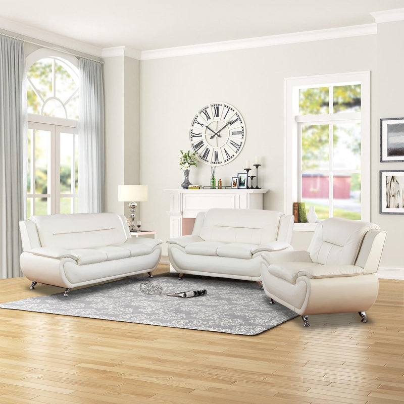 White faux leather sofa set discount